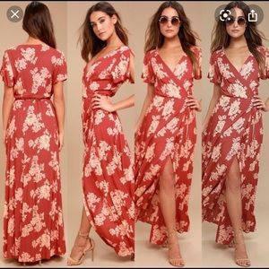 Heart of marigold rust red floral print wrap maxi